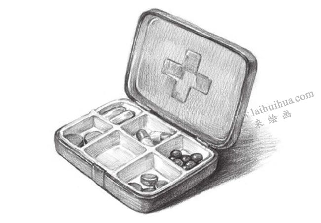 便捷药盒的素描画法步骤