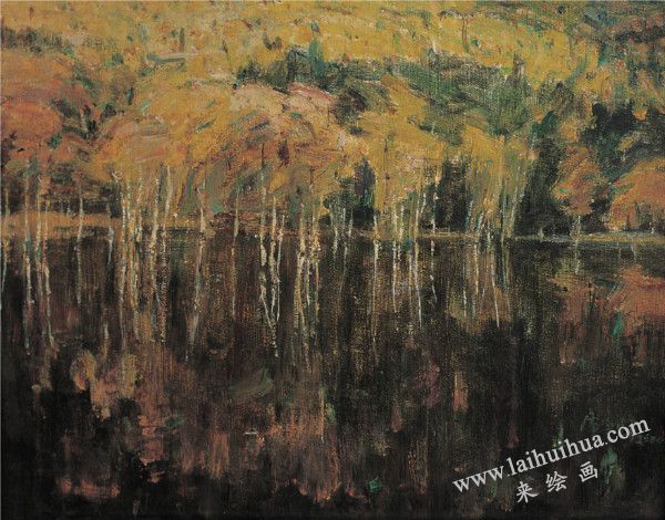 湖中林影　布面油画