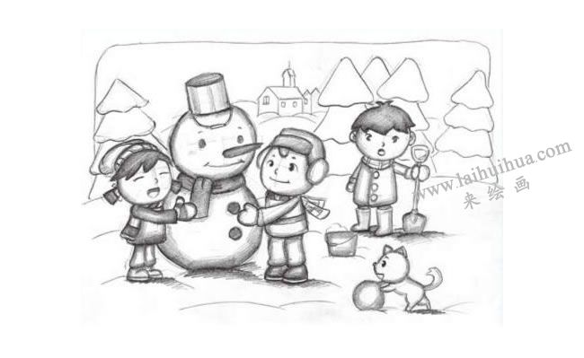 创意素描儿童画下雪图片