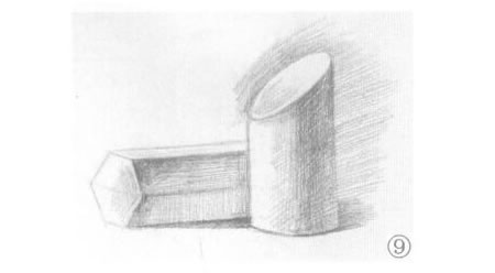 六棱柱体与斜切面圆柱体组合素描画法步骤09