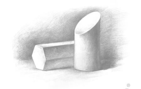 六棱柱体与斜切面圆柱体组合素描画法步骤13