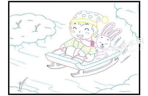 儿童坐冰车简笔画图片