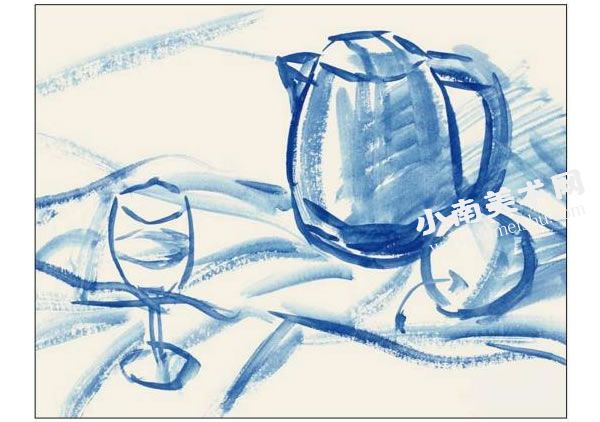 不锈钢水壶、高脚杯和水果组合水粉画法步骤图示01